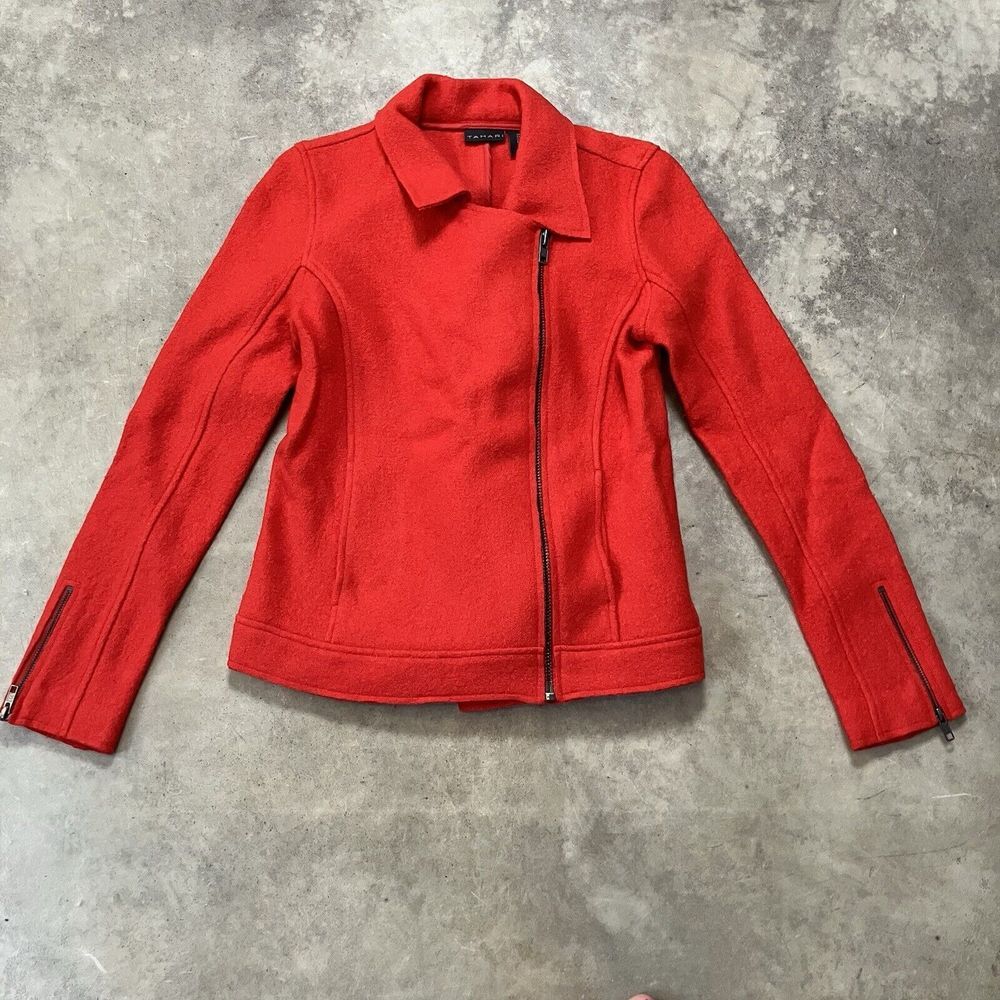Tahari Jacket Womens Small Red Moto Biker Wool Blend‎ Pockets Collared